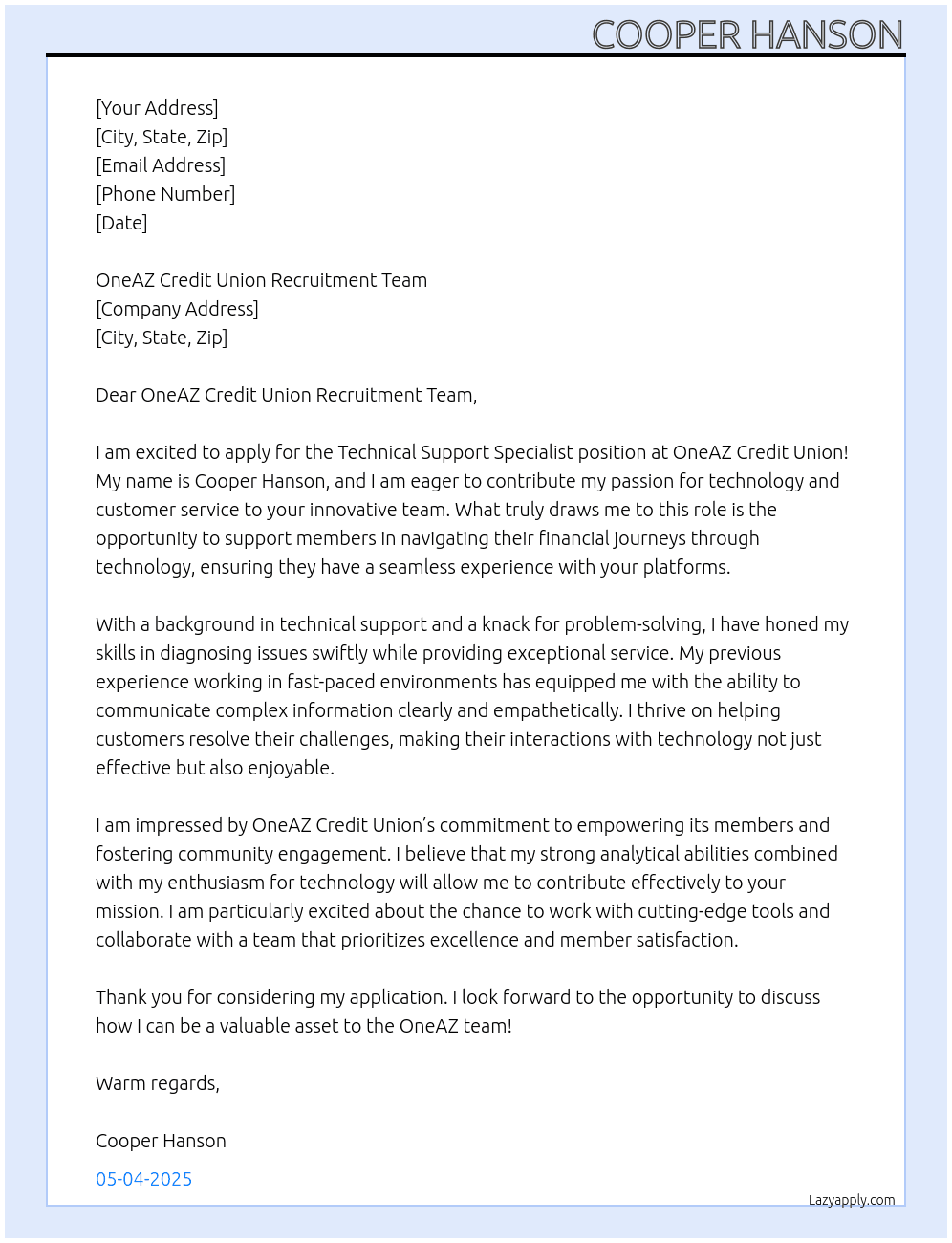 Technical Support Specialist At OneAZ Credit Union Cover Letter