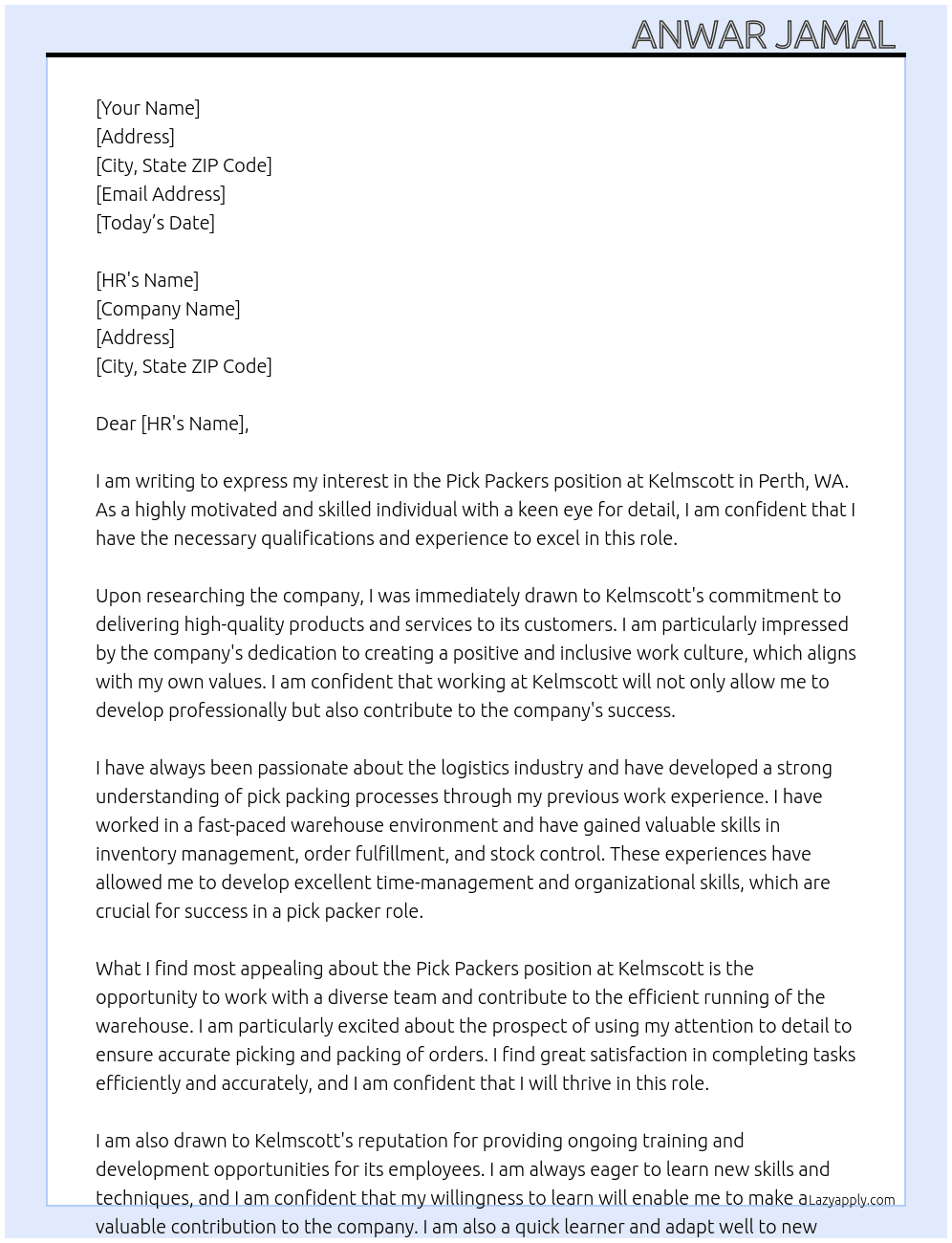 Pick packers  At Kelmscott, Perth WA Cover Letter
