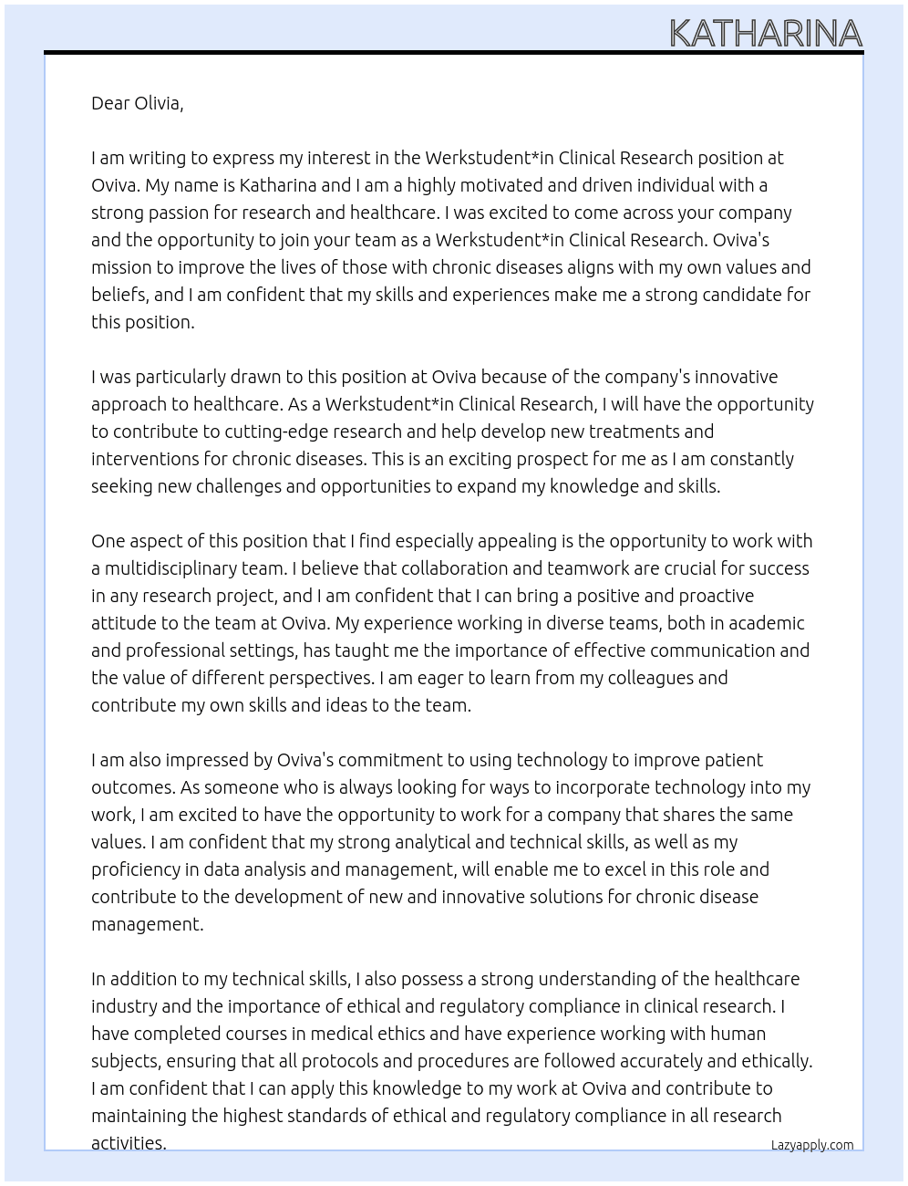 Werkstudent*in Clinical Research At Oviva Cover Letter