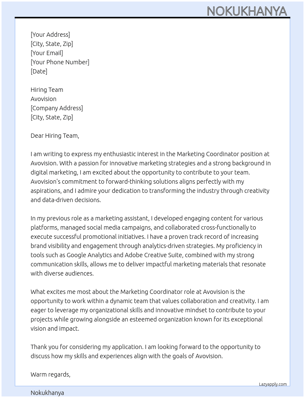 Marketing Coordinator  At Avovision Cover Letter