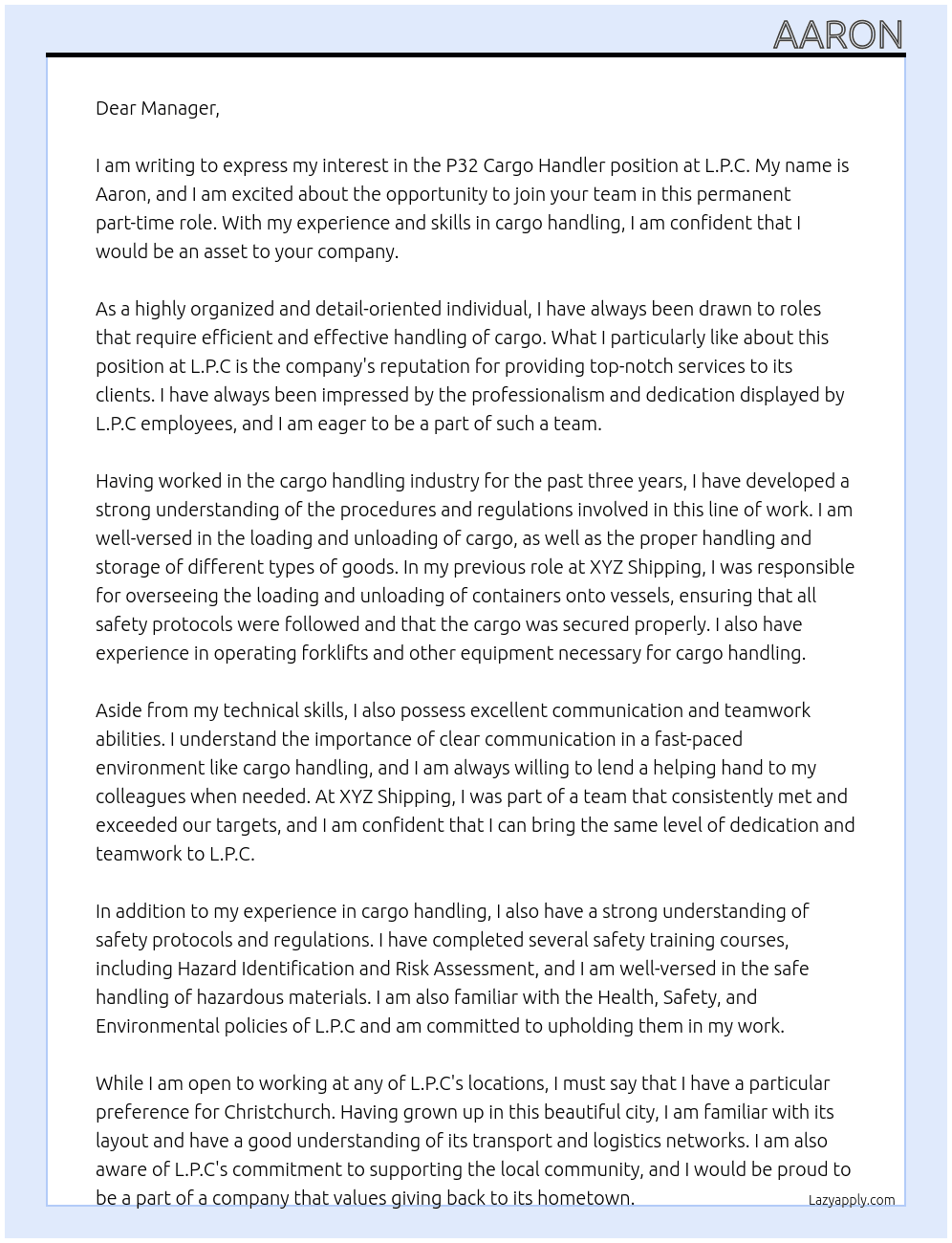 P32 Cargo Handler At L.P.C Cover Letter