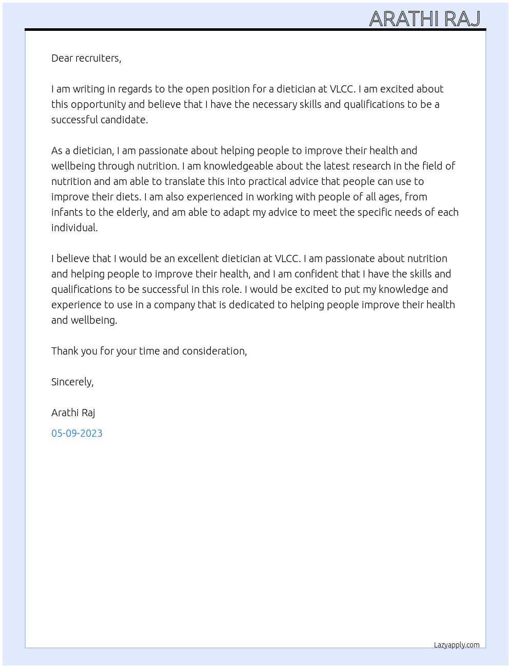 Dietician  At Vlcc Cover Letter
