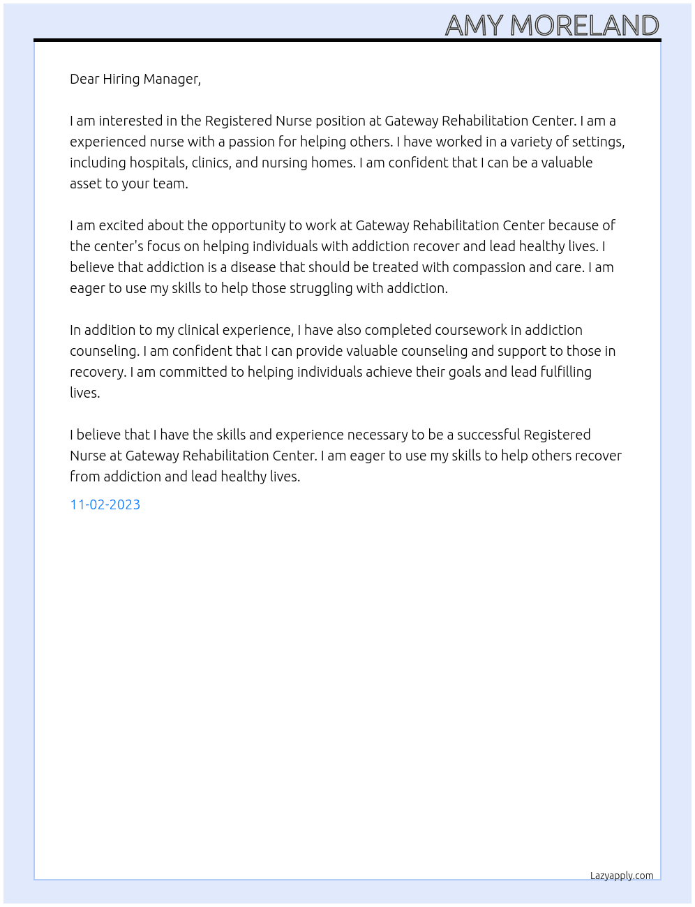 Registered Nurse At Gateway Rehabilitation Center Cover Letter