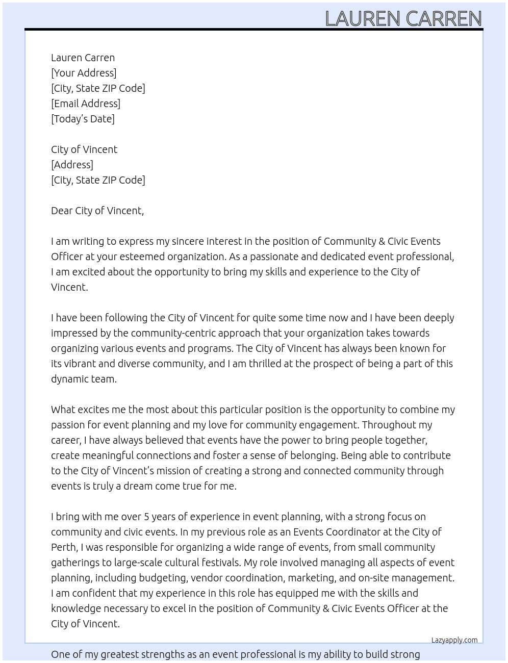 Community & Civic Events Officer At City of Vincent  Cover Letter