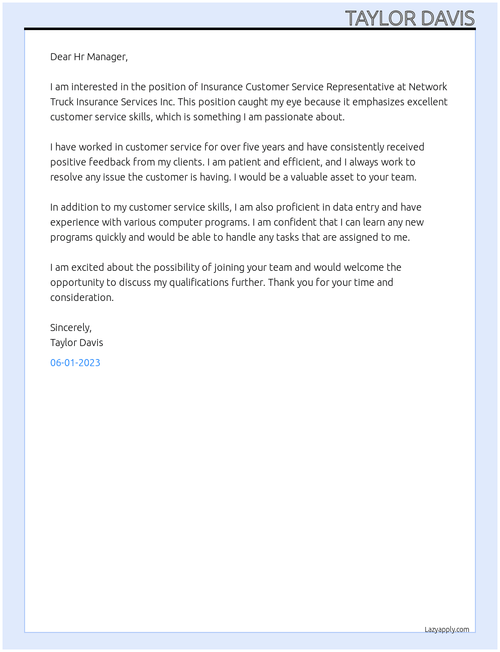 Insurance Customer Service Representative At Network Truck Insurance Services Inc  Cover Letter