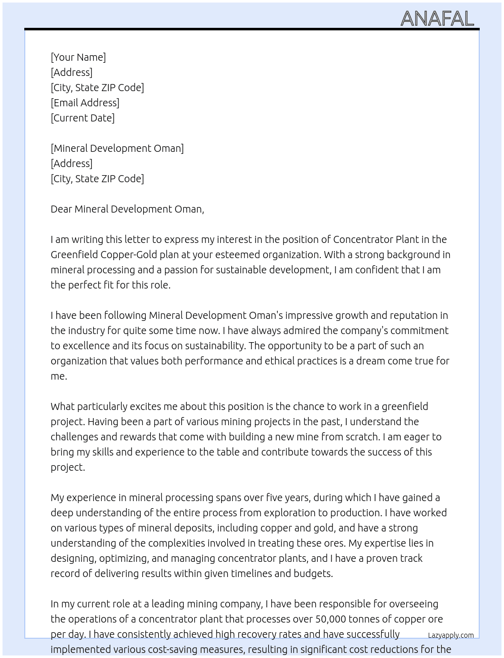 concentrator plant in the greenfield Copper-Gold plan At Mineral Development Oman Cover Letter