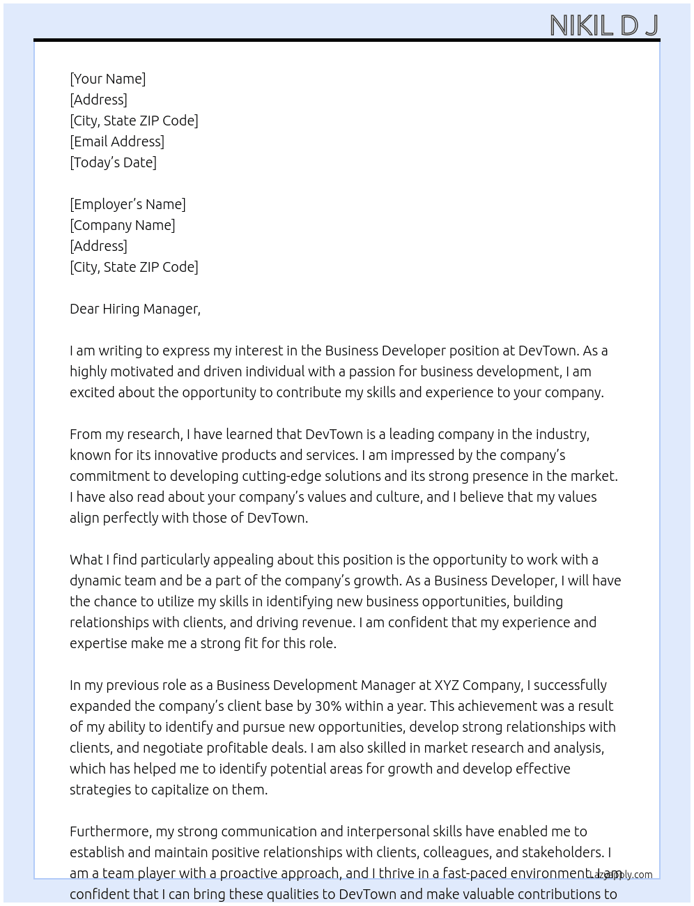 Business developer  At DevTown Cover Letter