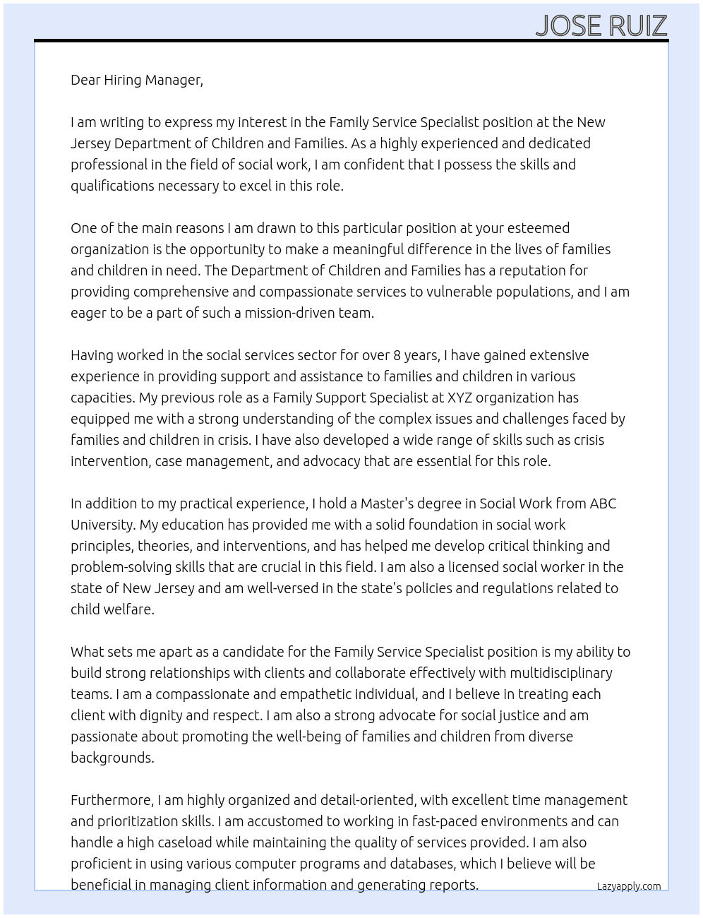 Family Service Specialist  At New Jersey Department of Children and Families  Cover Letter