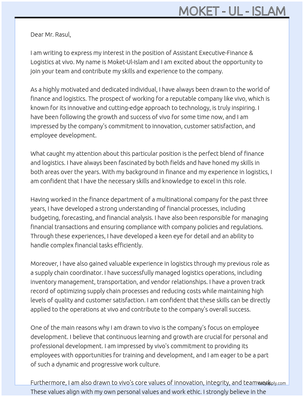 Assistant Executive-Finance & Logistics At vivo Cover Letter