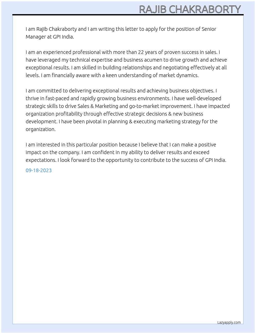 Senior Manager  At GPI India  Cover Letter