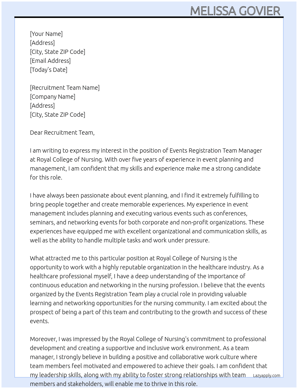 Events Registration Team Manager At Royal college of nursing  Cover Letter