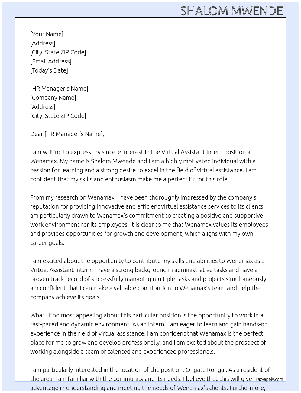 Virtual assistant intern  At Wenamax  Cover Letter