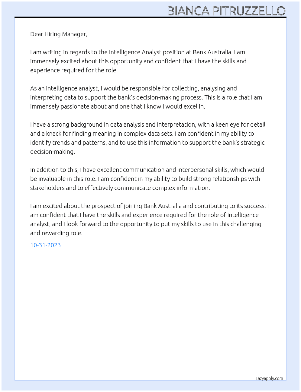 Intelligence Analyst At Bank Australia Cover Letter