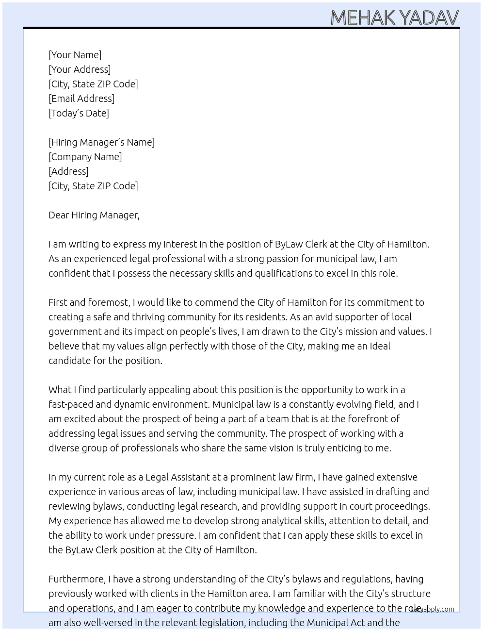 ByLaw Clerk At City of Hamilton Cover Letter