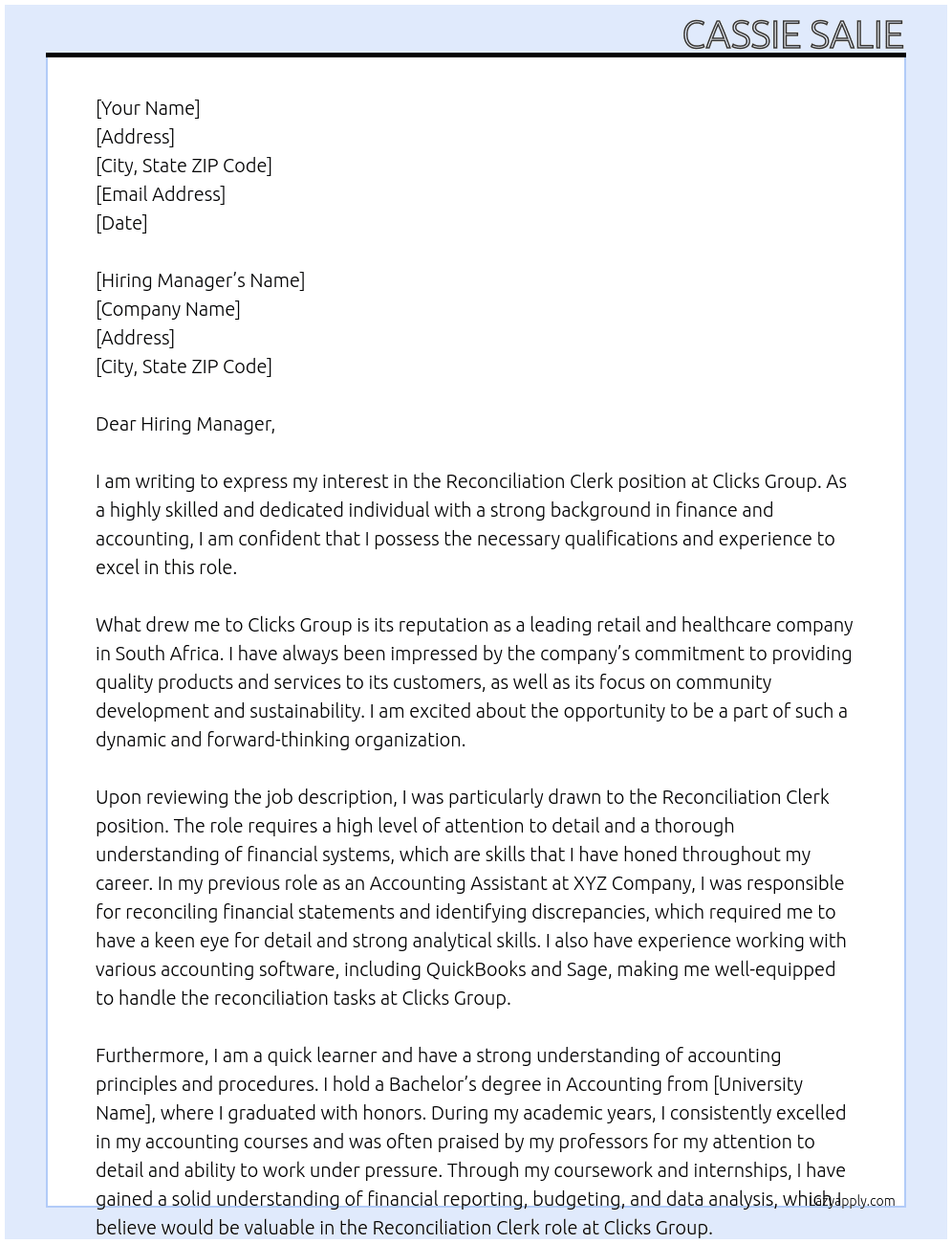 RECONCILIATION CLERK At Clicks Group Cover Letter