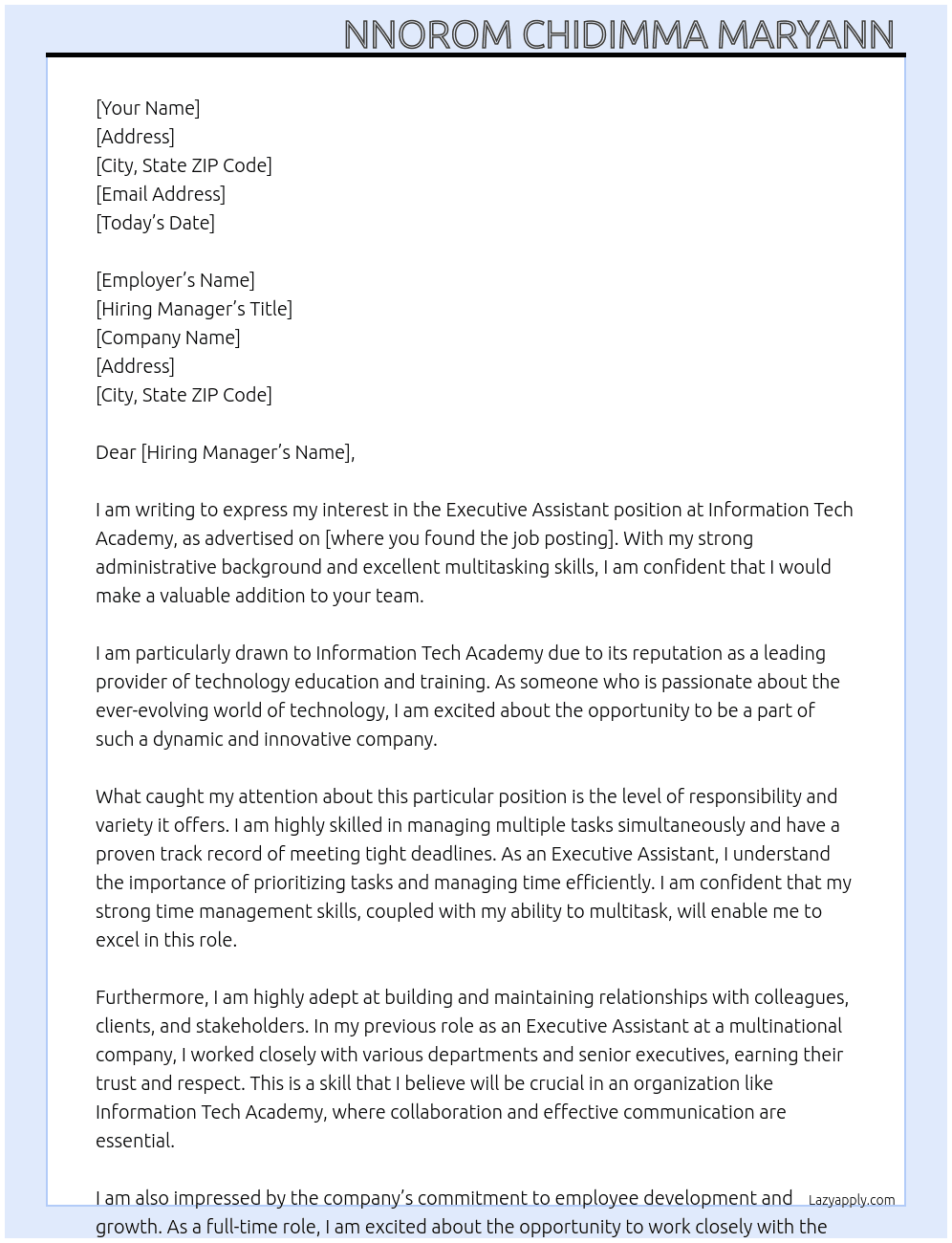 Executive assistant  At Information tech Academy  Cover Letter
