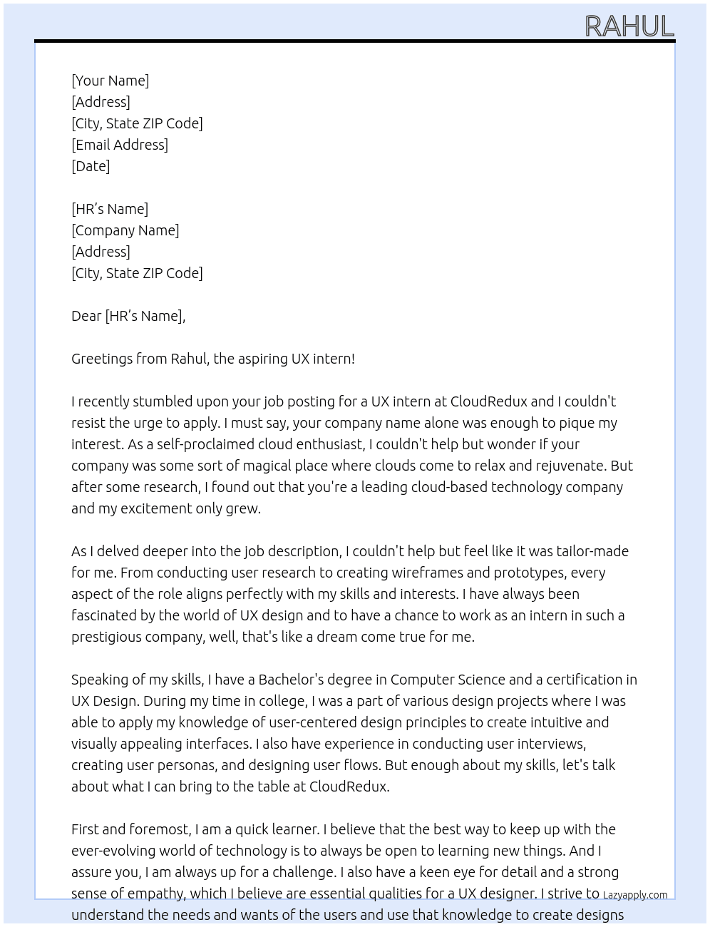 UX intern At CloudRedux Cover Letter