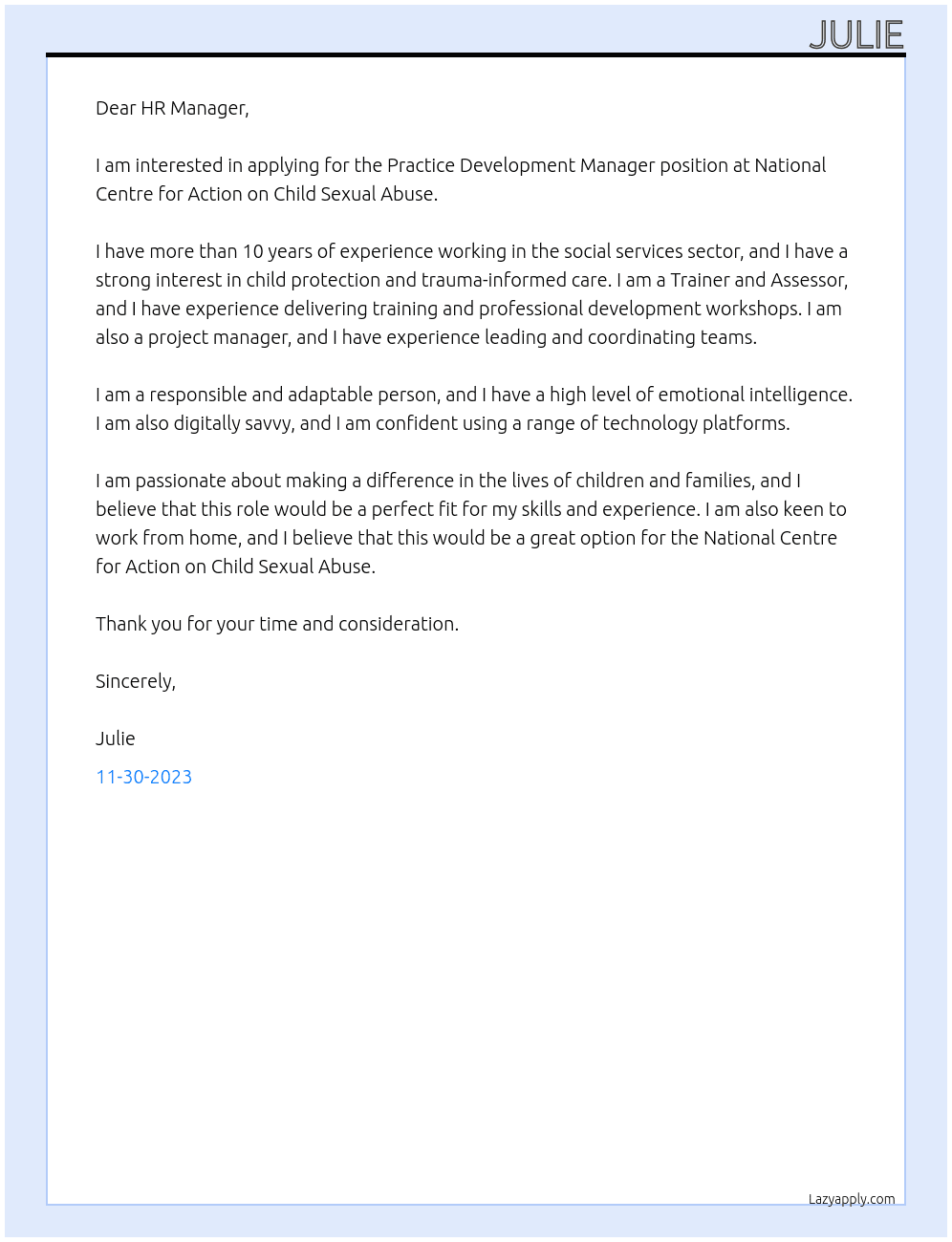 Practice Development Manager At National Centre for Action on Child Sexual Abuse Cover Letter
