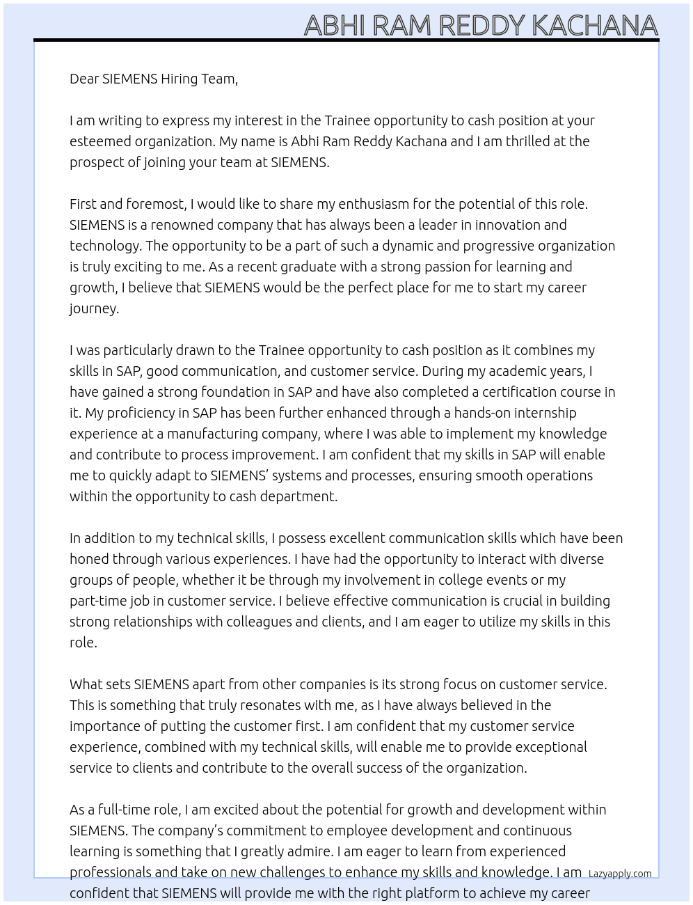 Trainee - opportunity to cash At SIEMENS Cover Letter