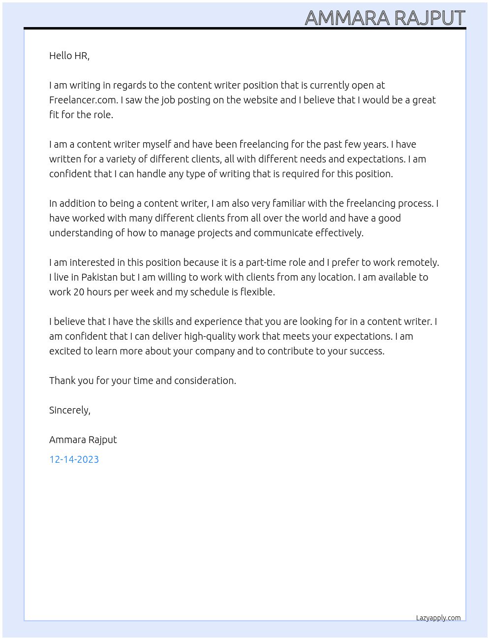 content writer At FREELANCER.com Cover Letter