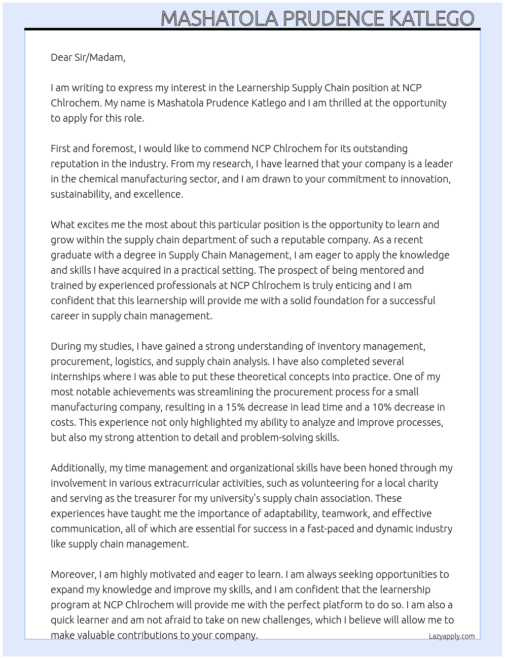 Learnership supply chain At NCP Chlrochem Cover Letter
