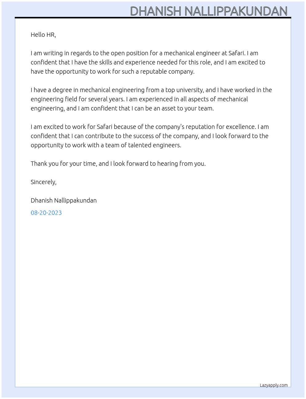 Mechanical engineer  At Safari  Cover Letter
