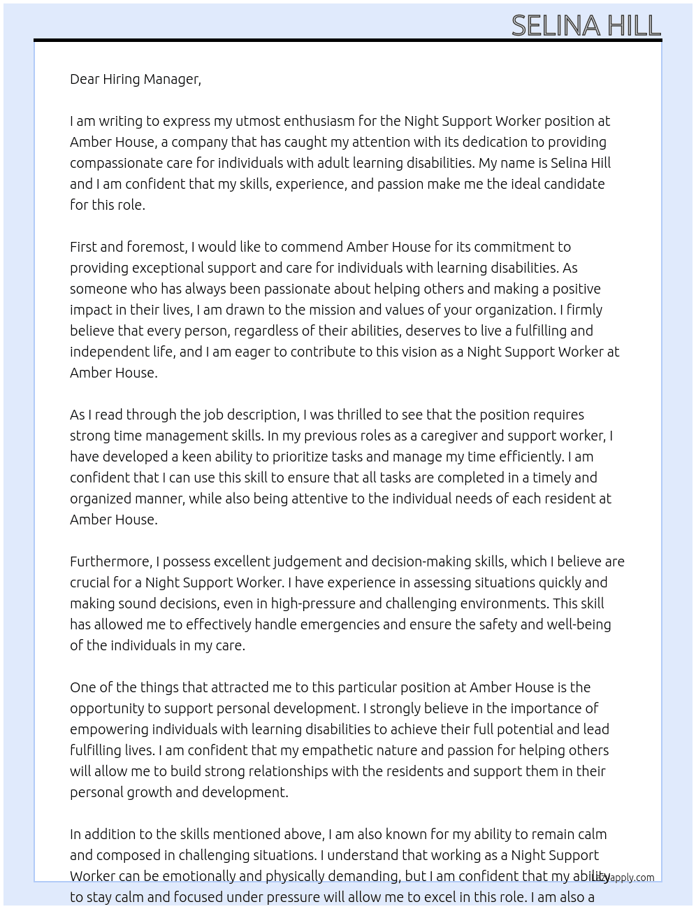 Night Support Worker - Adult Learning Disabilities At Amber House Cover Letter