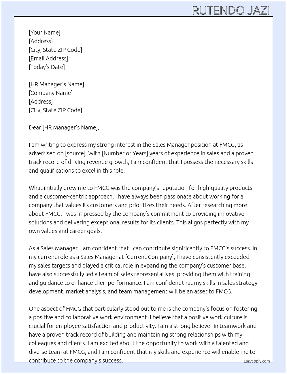 sales manager  At FMCG  Cover Letter