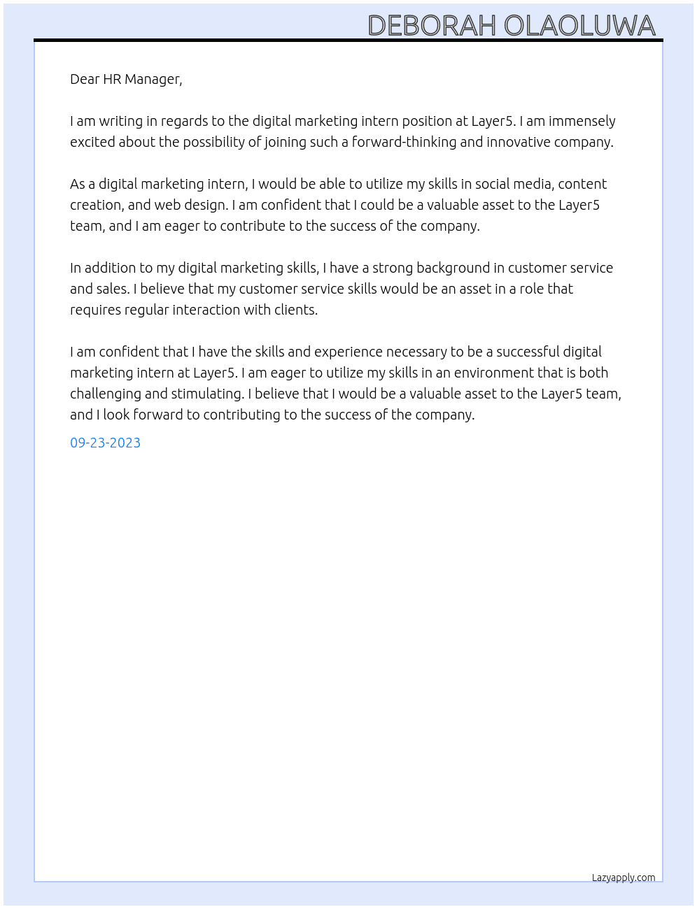 Digital marketing intern  At Layer5 Cover Letter