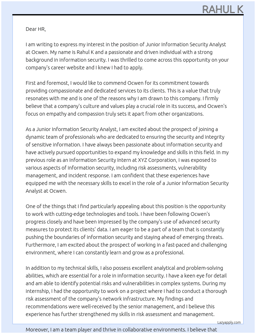 Junior Information Security Analyst At Ocwen Cover Letter