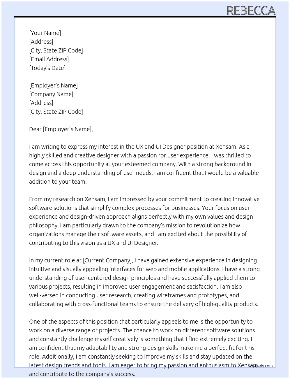 ux and ui designer At xensam Cover Letter