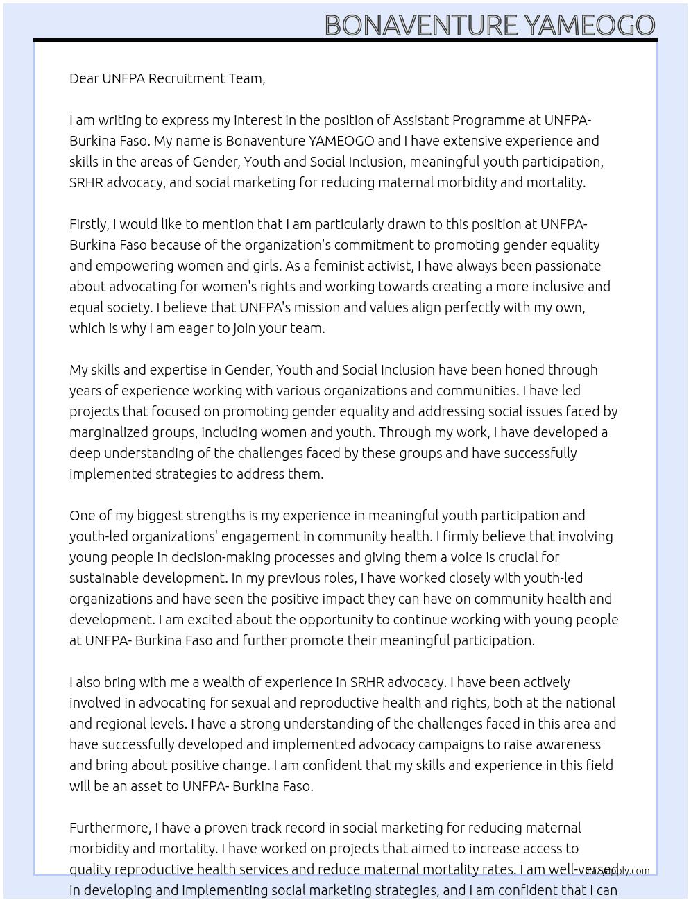 Assistant Programme At UNFPA- Burkina Faso Cover Letter