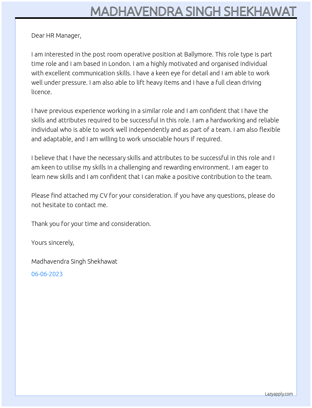 post room operative At ballymore Cover Letter
