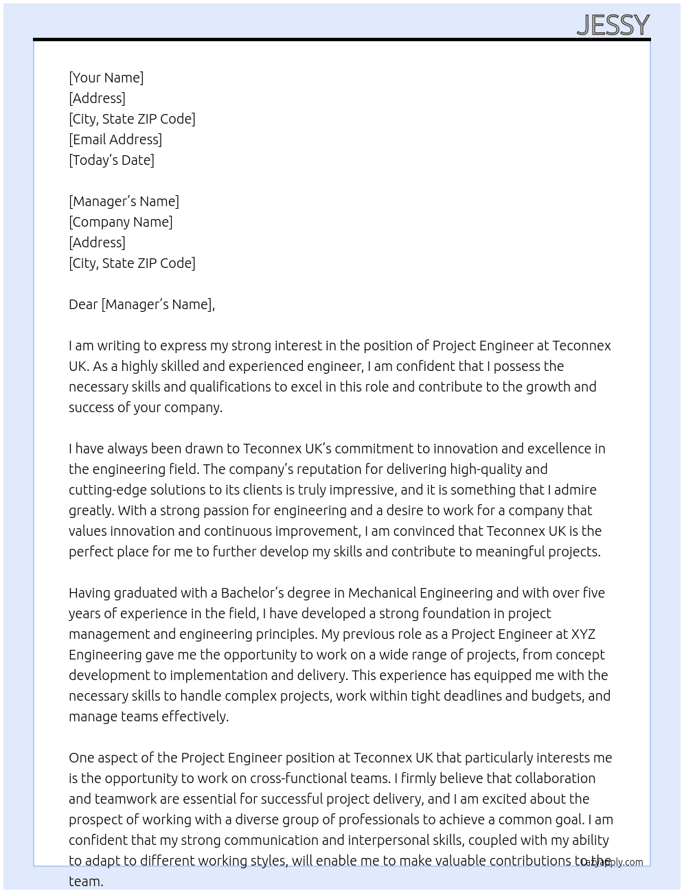 Project engineer  At Teconnex uk Cover Letter