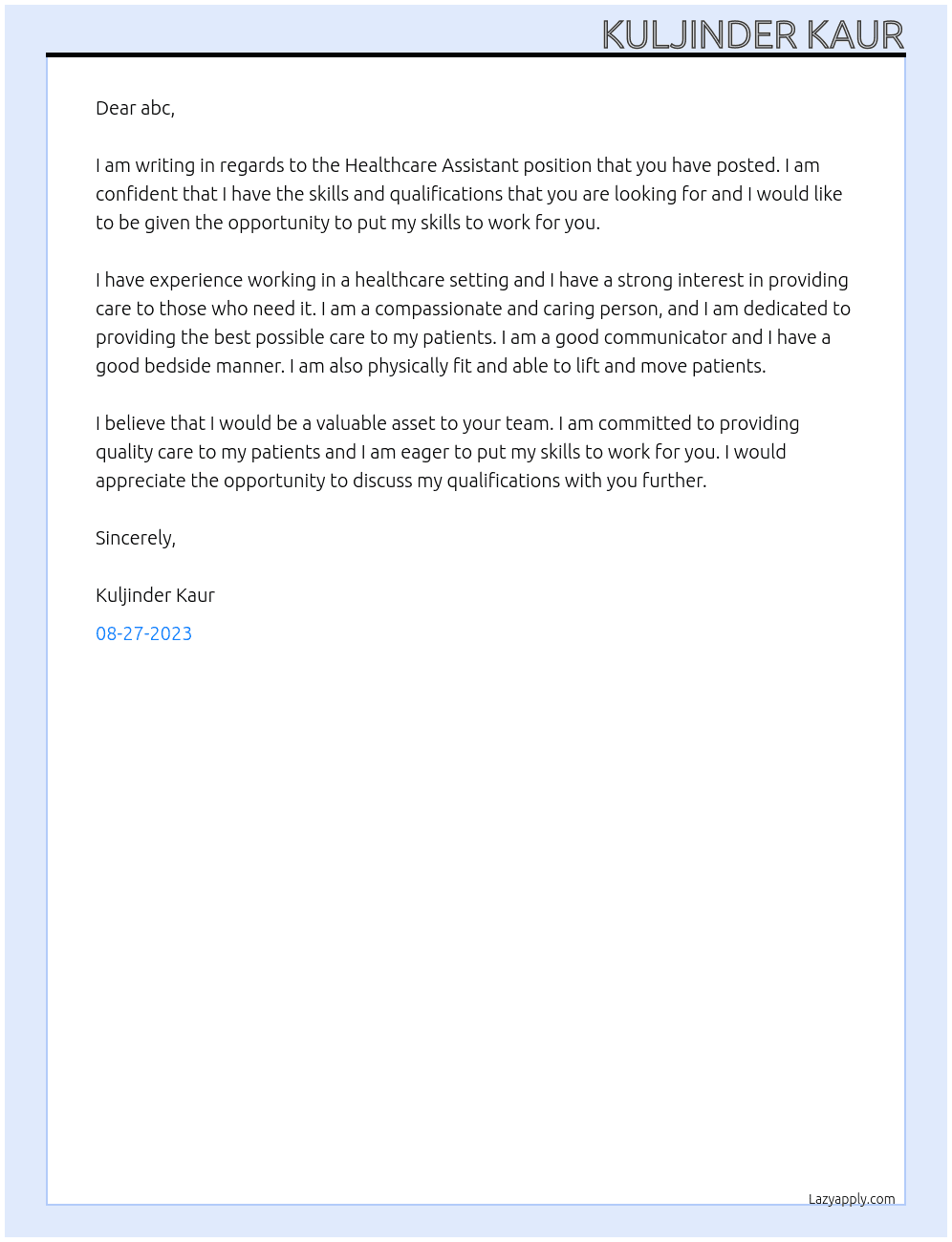 Healthcare Assistant At abc Cover Letter