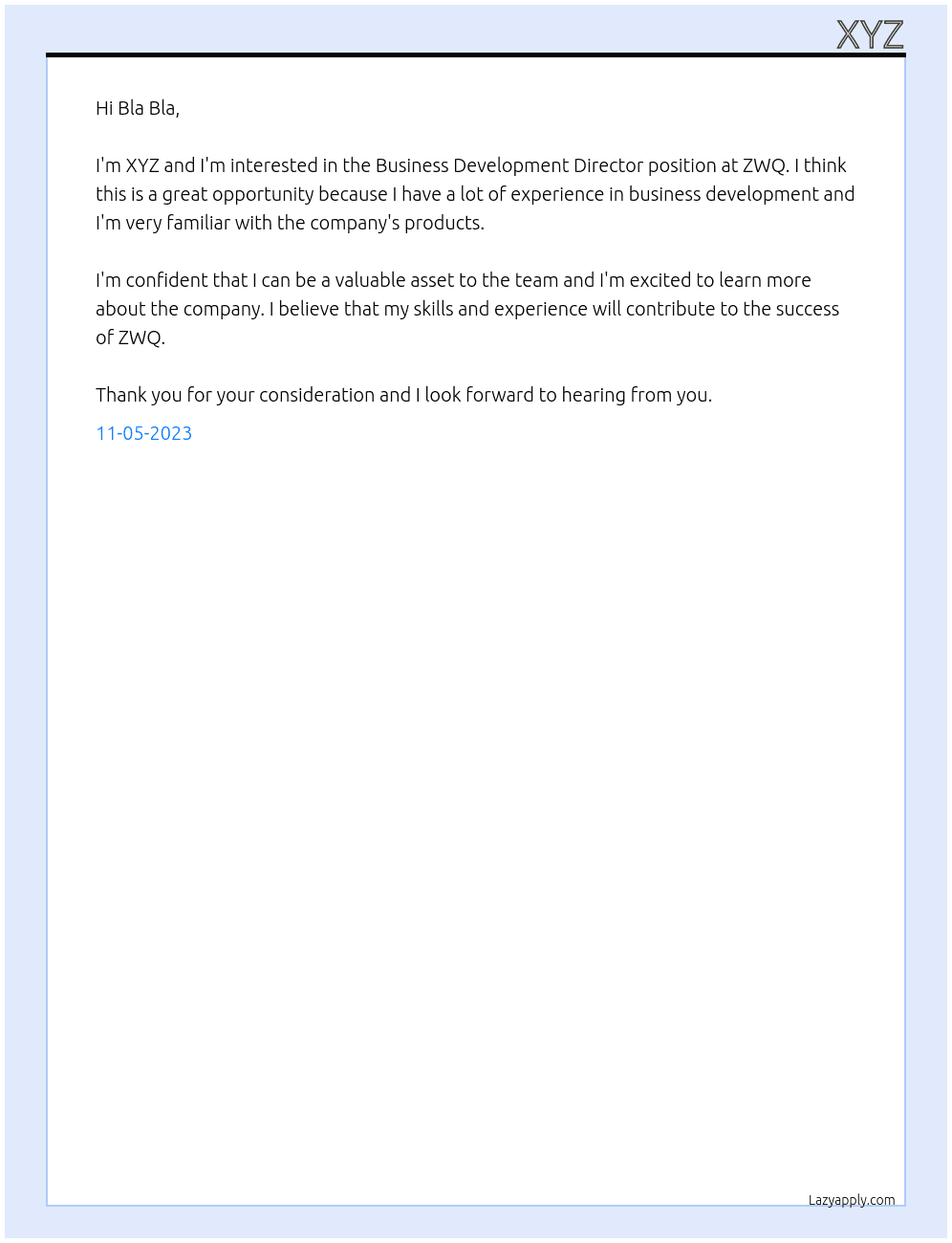 Business Development Director At ZWQ Cover Letter