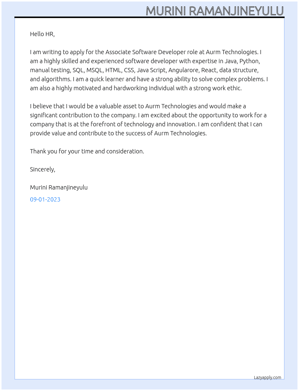  Associate Software Developer At Aurm Technologies Cover Letter
