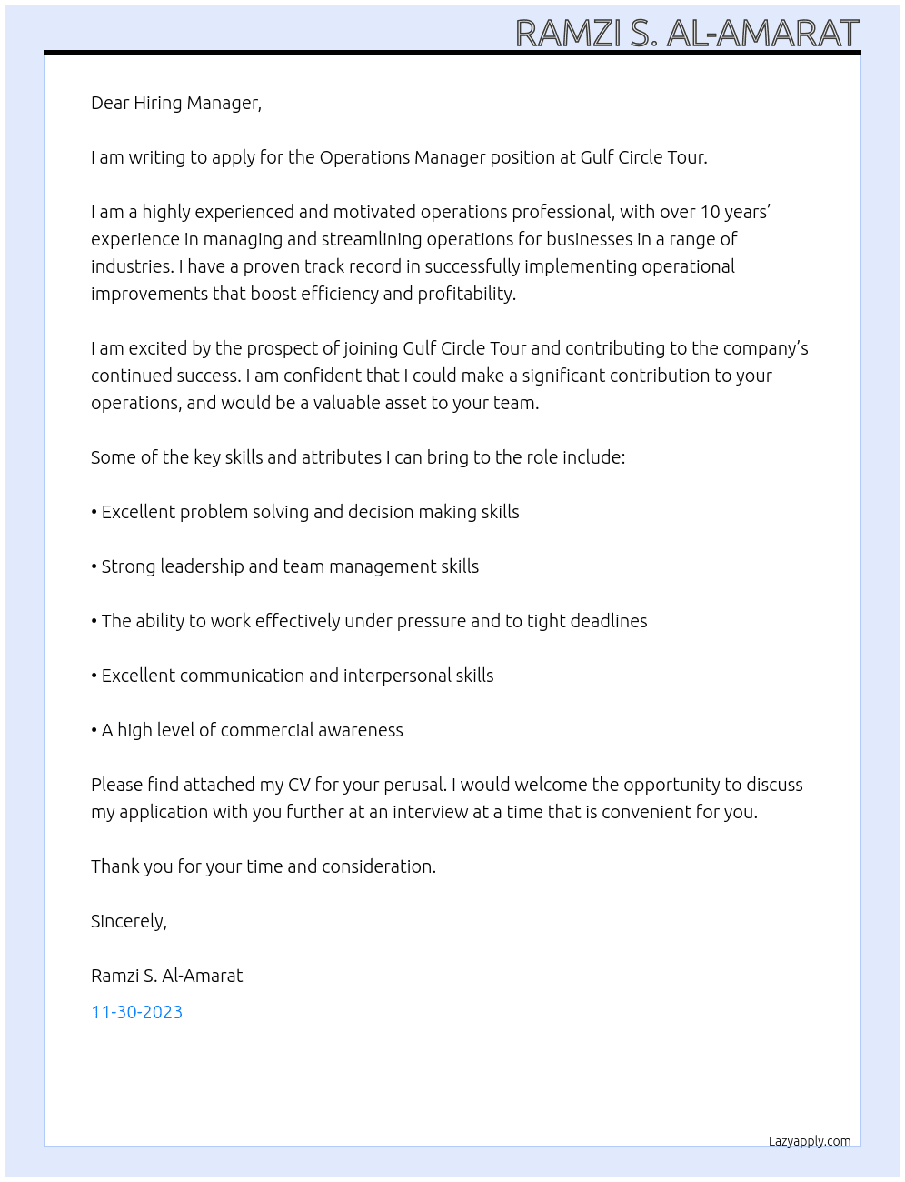 Operations Manager At Gulf Circle Tour Cover Letter