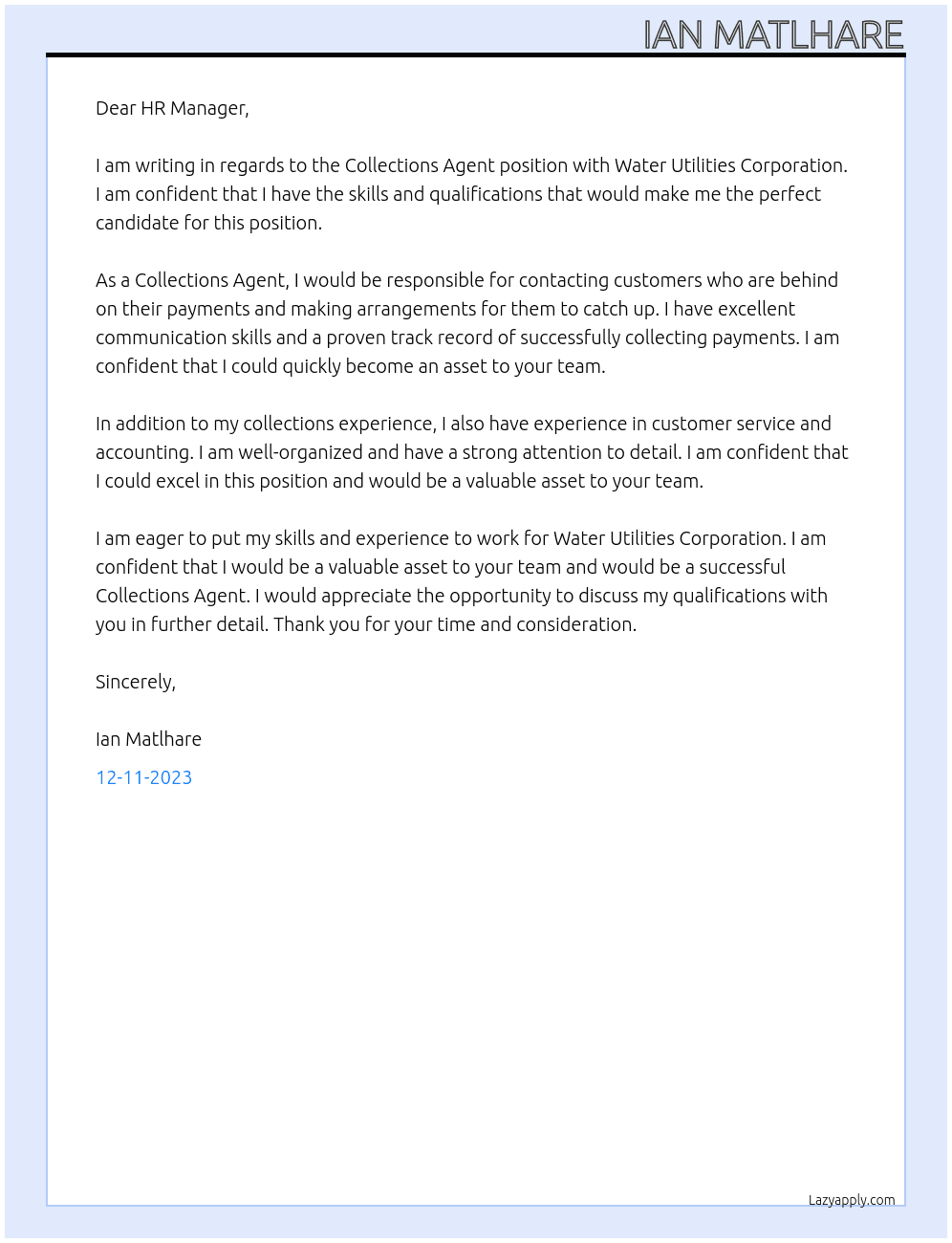 Collections Agent At Water Utilities Corporation Cover Letter