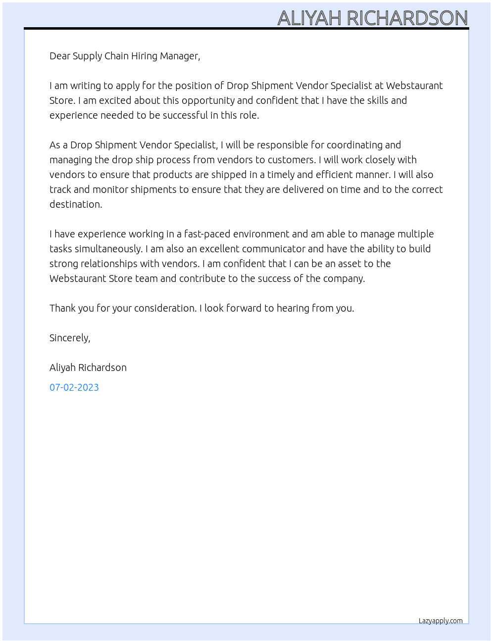 Drop Shipment Vendor Specialist  At Webstaurant Store Cover Letter