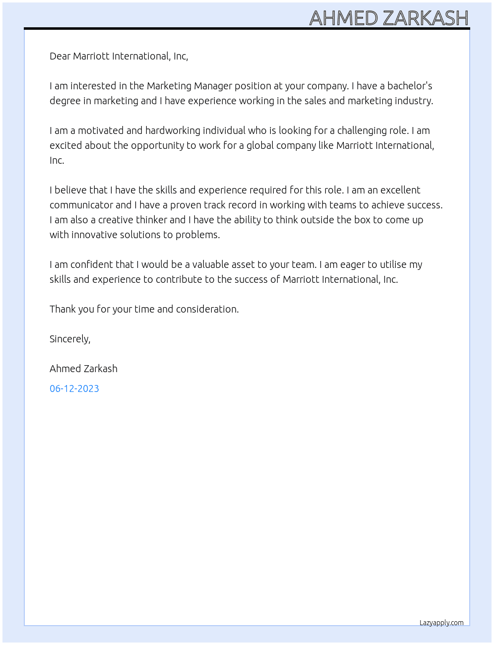 Marketing Manager At Marriott International, Inc Cover Letter