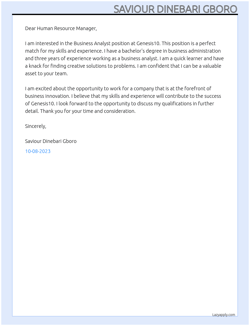 Business analyst At Genesis10 · Eagan, MN Cover Letter