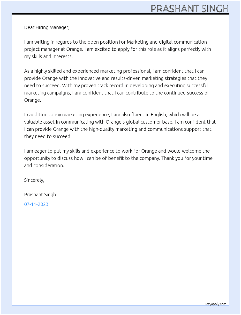 Marketing and digital communication project manager At orange Cover Letter