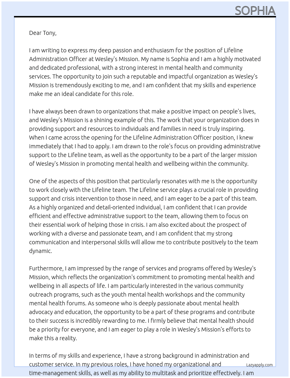 Lifeline Administration Officer At Wesley’s Mission Cover Letter