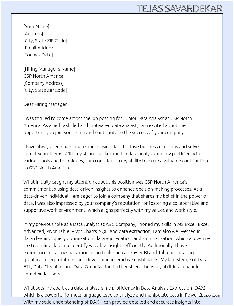 Junior Data Analyst At GSP North America  Cover Letter
