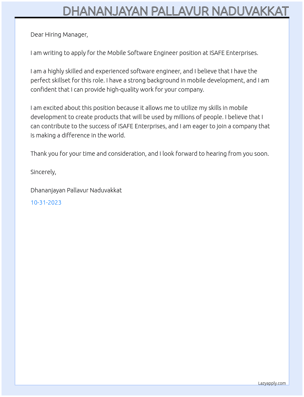 Mobile Software Engineer At ISAFE Enterprises Cover Letter