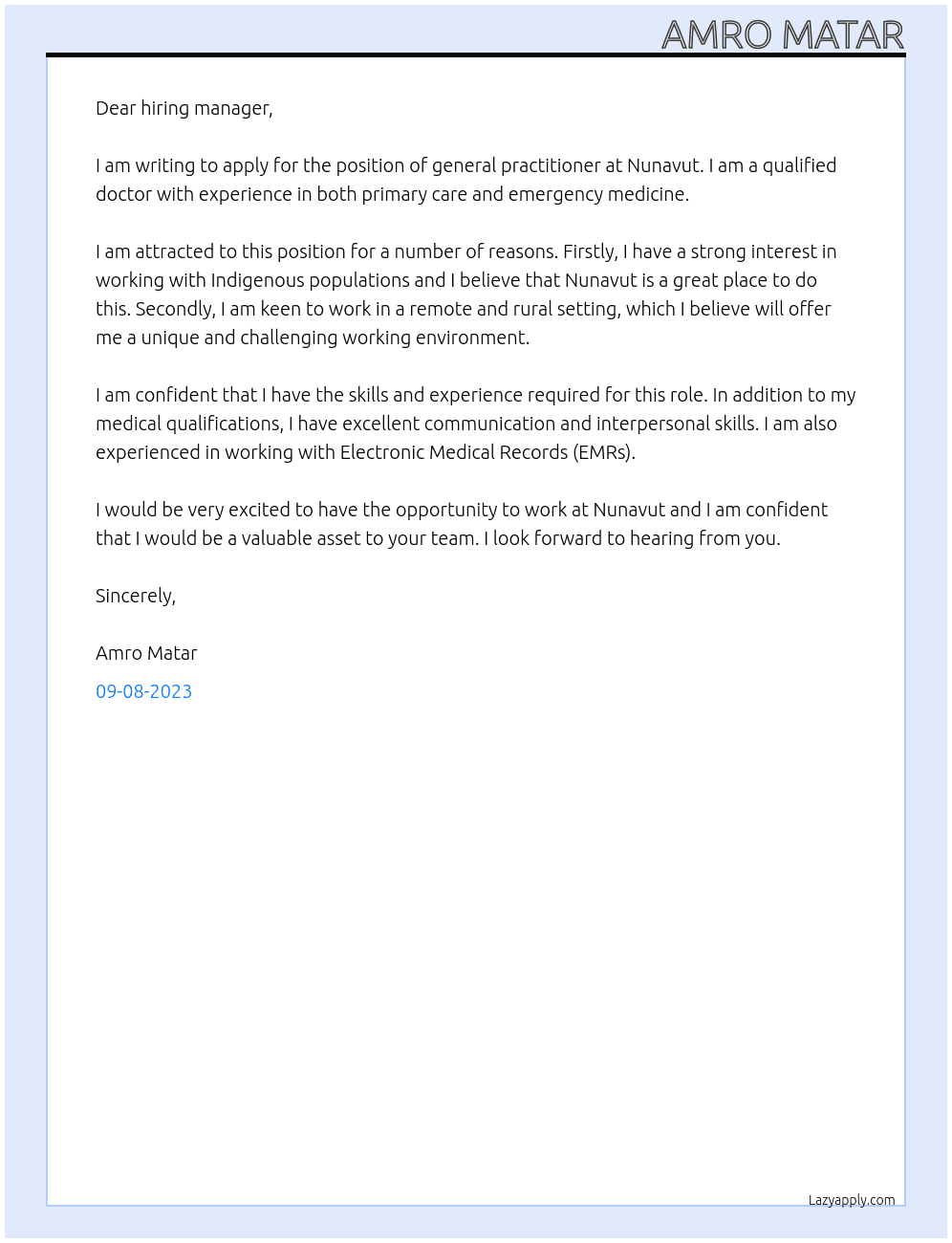 general practitioner, doctor At nunavut Cover Letter