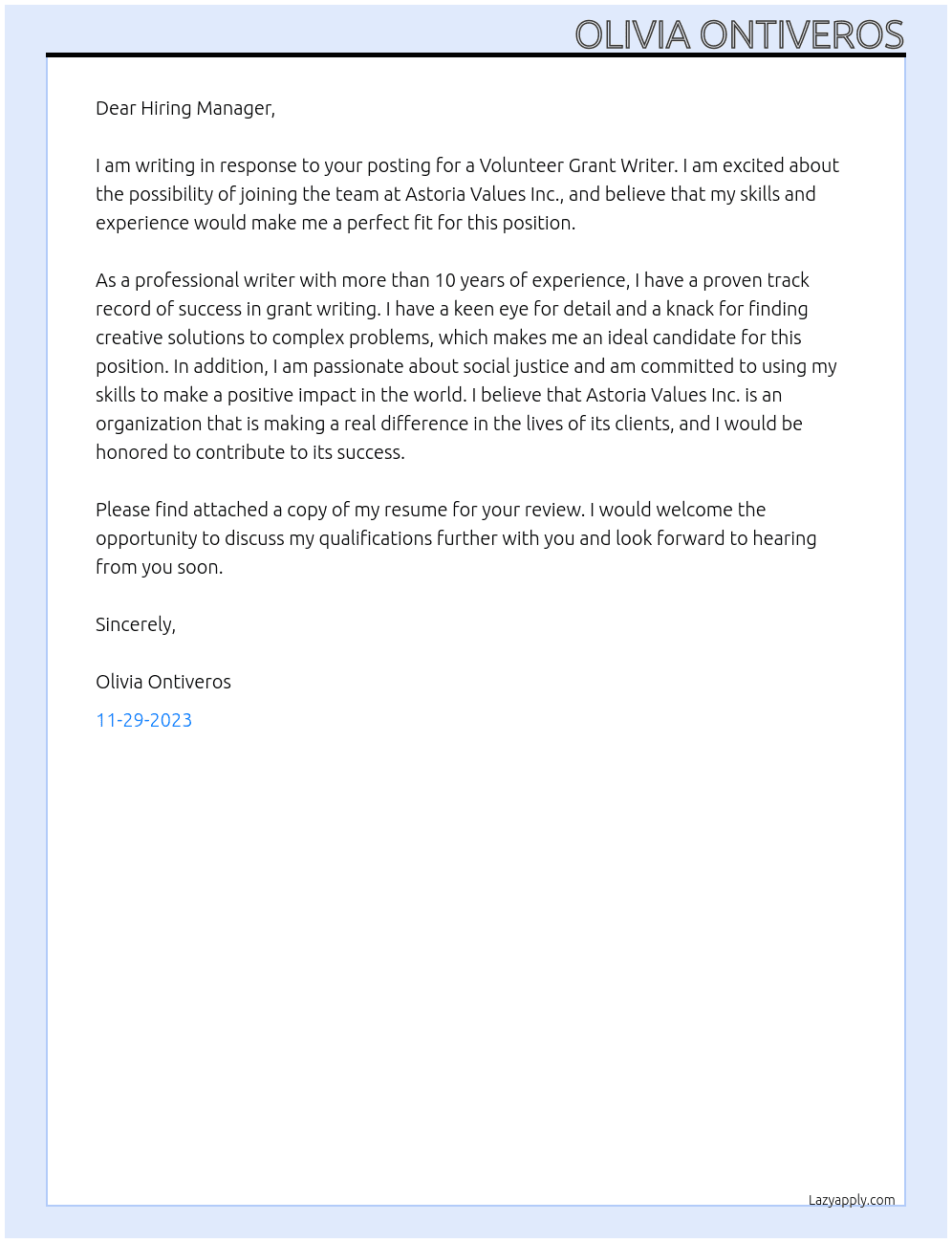 Volunteer Grant Writer At Astoria Values Inc. Cover Letter
