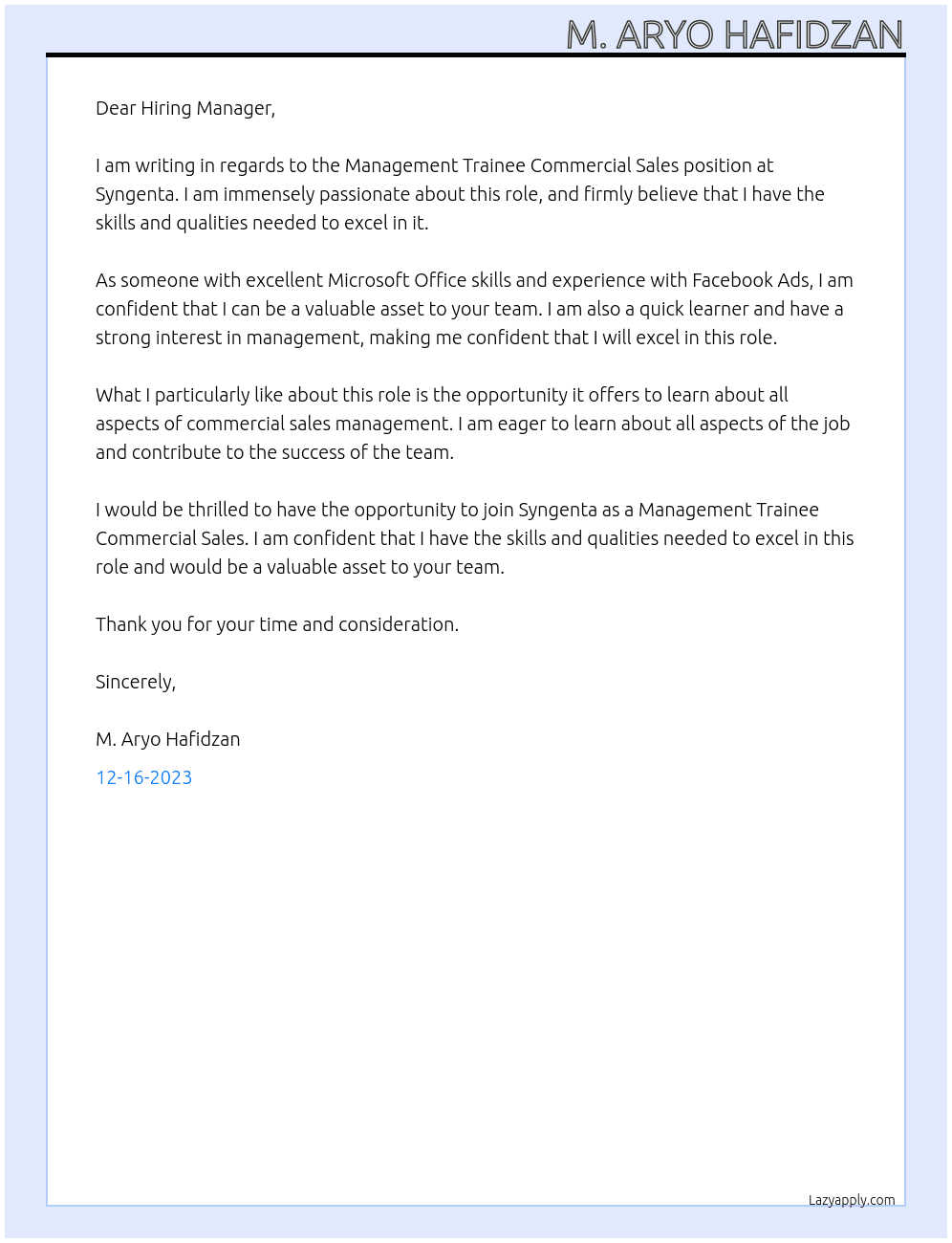 Managament Trainee Commercial Sales At Syngenta Cover Letter