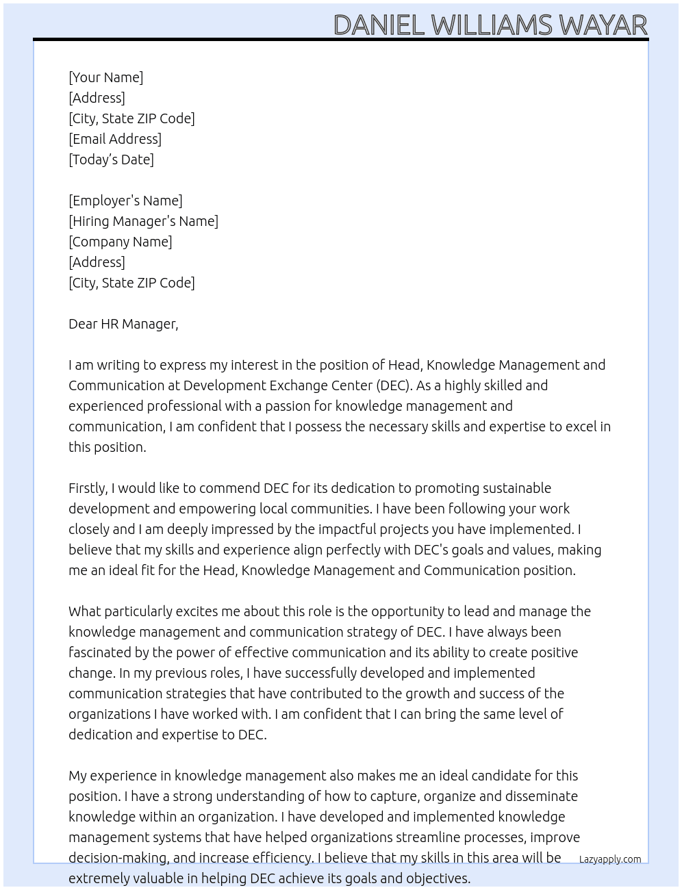 Head, Knowledge Management and Communication At development exchange center DEC Cover Letter